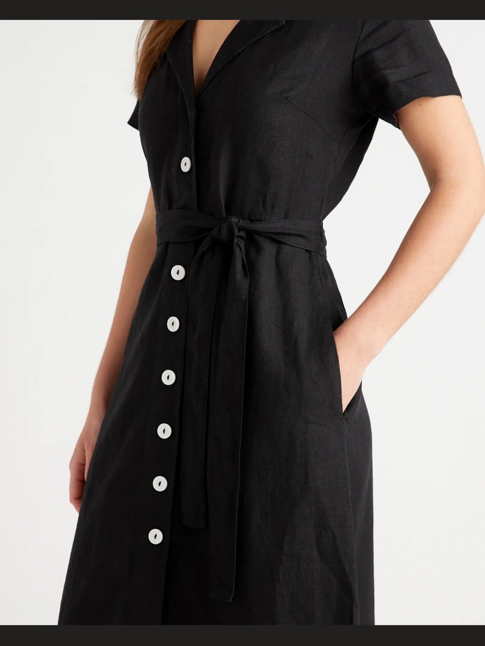 Quince Black Midi Button-Front Linen Dress with Waist Tie - Picture 6 of 8